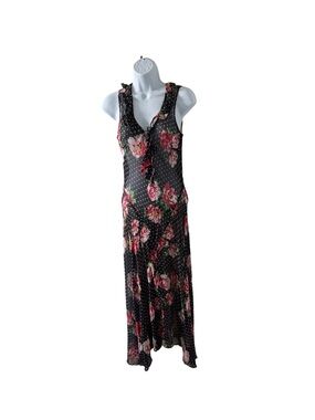 Vintage ICE Black Polka Dot Floral Asymmetrical Dress with Beaded Detail